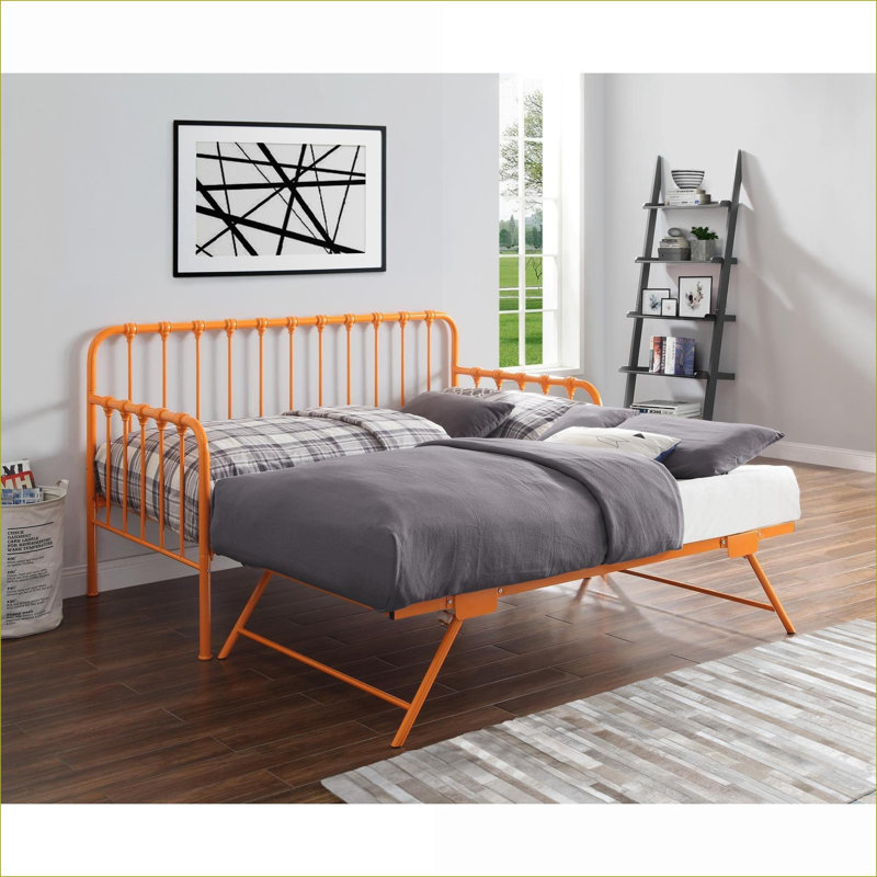 Daybed with Lift-Up Trundle, Classic Metal Frame Orange Finish for Bedroom Guest Room | Metal | Orange, Orange Corduroy