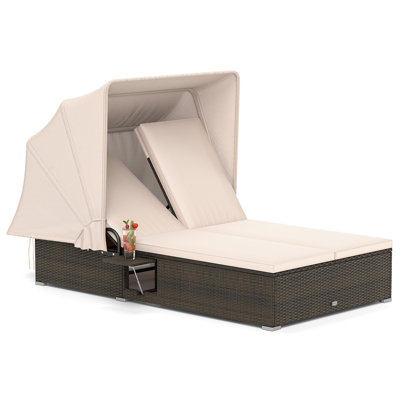 2-person Rattan Lounge Bed w/ Retractable Canopy 5-position Adjustable Backrest Beige by Ebern Designs