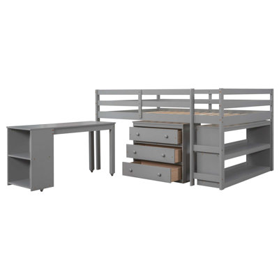 Lit mezzanine basse avec armoire, tablettes et bureau portable roulant, lit multifonctionnel
