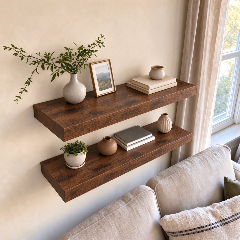 Ensemble de 2 tablettes murales flottantes de 9,3 po de profondeur à fixation murale, H 1,5 po x l 36 po x P 9,3 po, Brun