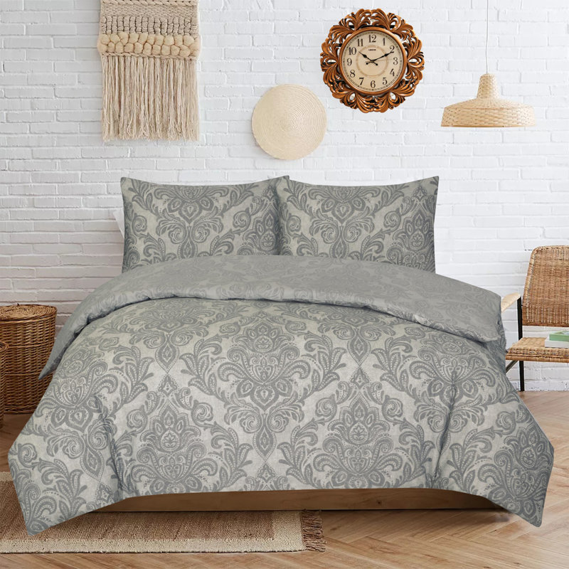 Moaied Cotton Blend Damask Duvet Cover Set with Pillowcases, Grey/Silver, Kingsize - 2 Standard Pillowcases