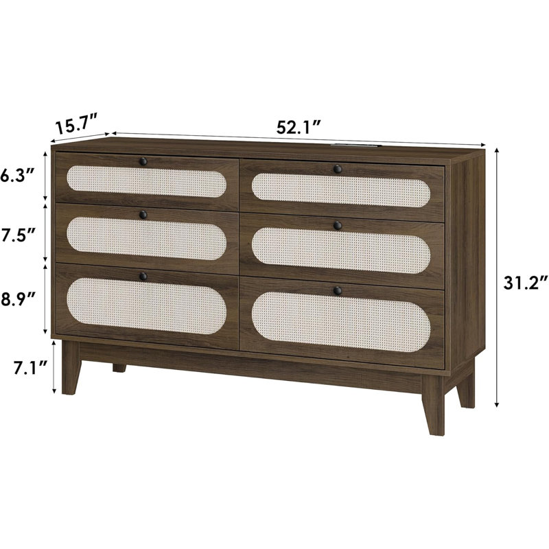 Commode 52,1 po en rotin - 6 tiroirs, station de charge, finition brune, Brun