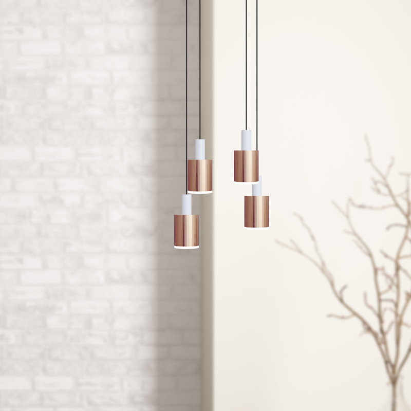 Luminaire suspendu tambour en grappe 4 lumières Essoura, Blanc / Cuivre