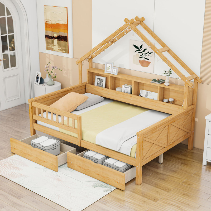 Lit plateforme double en bois avec 2 tiroirs et tablettes, Naturel