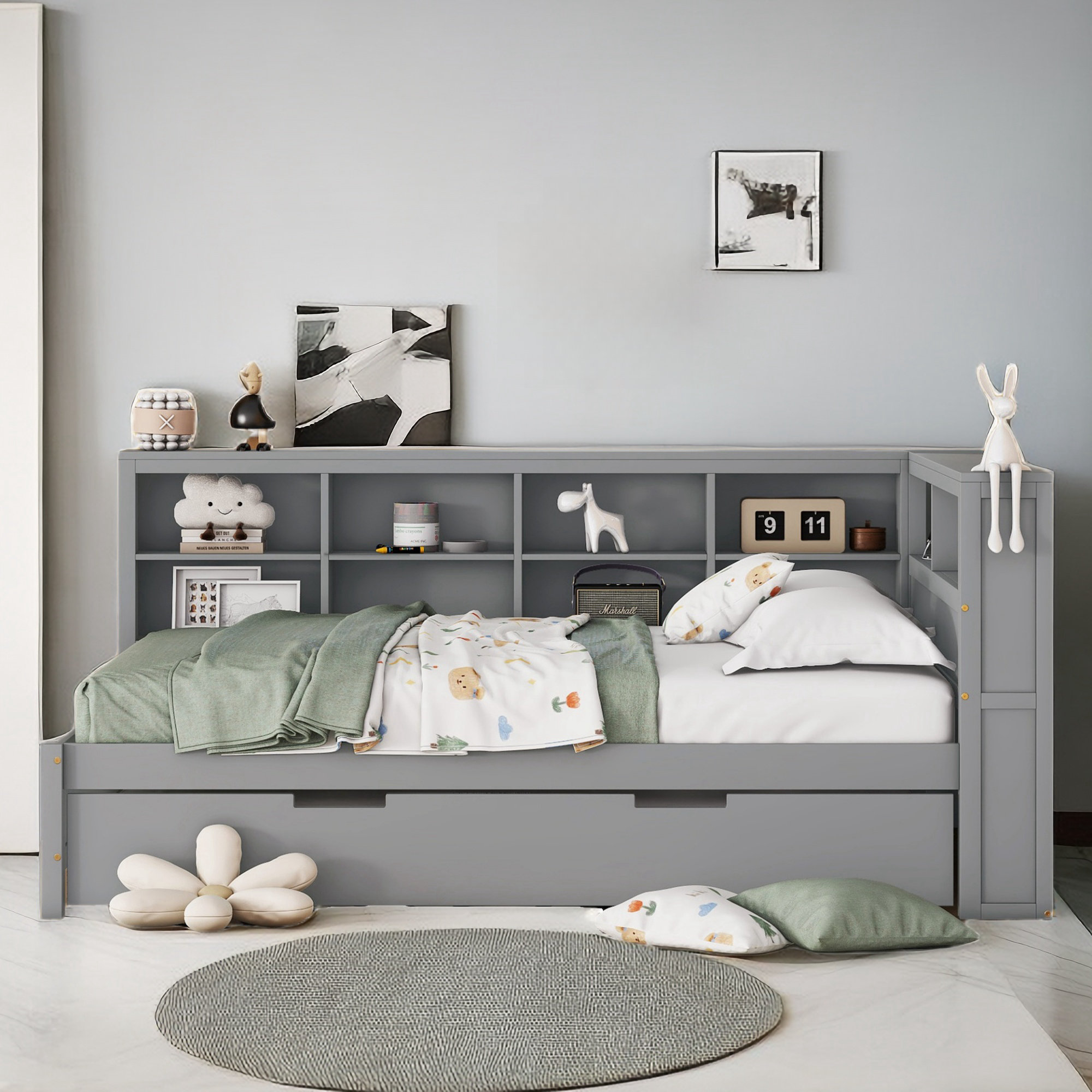 Daybed with shelves store and trundle