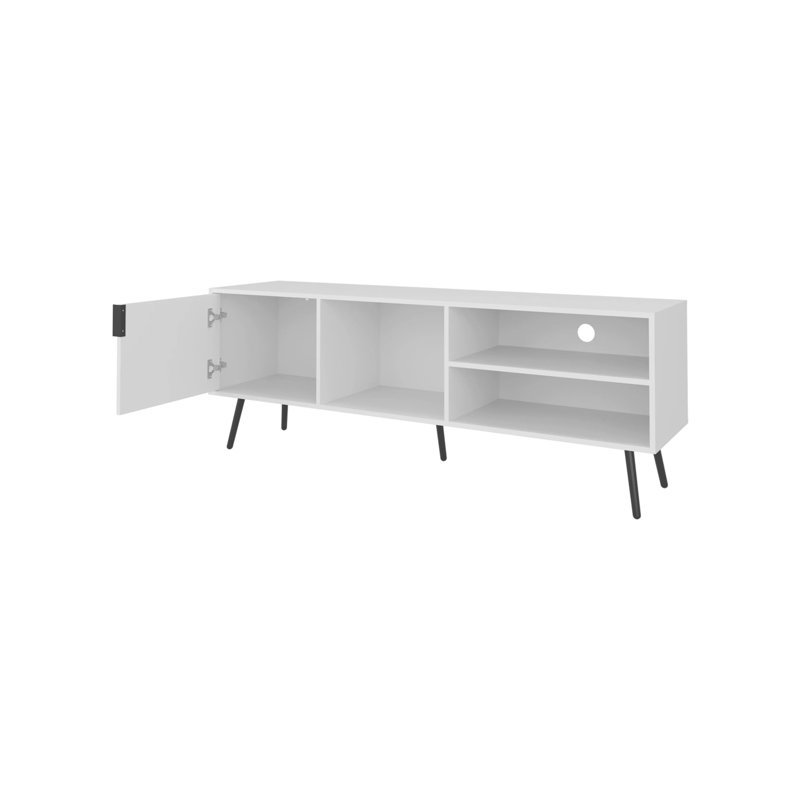 Meuble télé blanc avec rangement et porte ouverte, Blanc