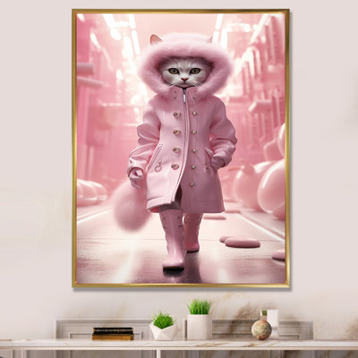 Chat blanc Fashionista en manteau rose