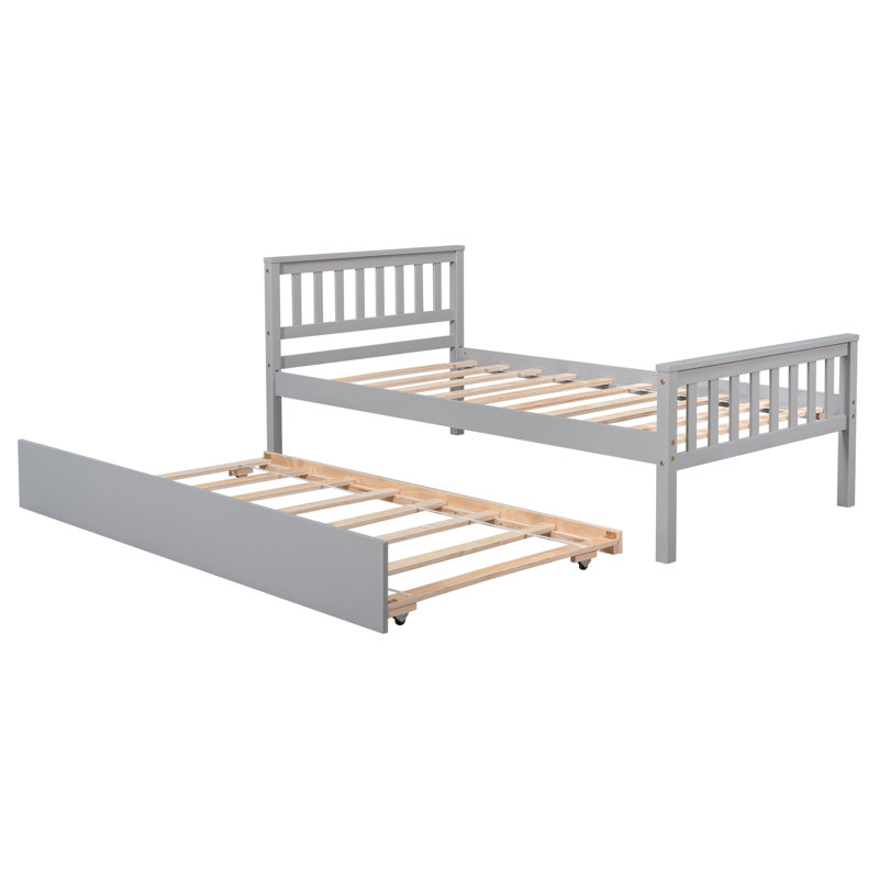 Solid Pine Bed Frame with Trundle, Platform Bed with Headboard and Footboard, No Box Spring Needed, Grey, Twin, Gray