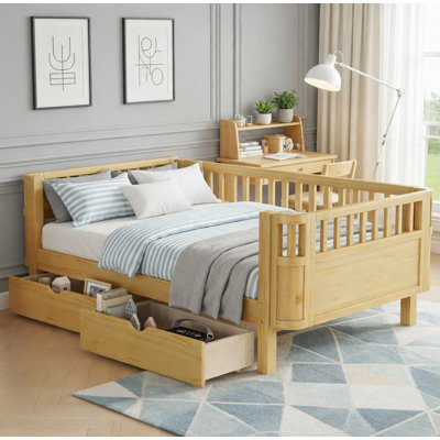 Wood Platform Bed with Ample Storage,Safety Rails