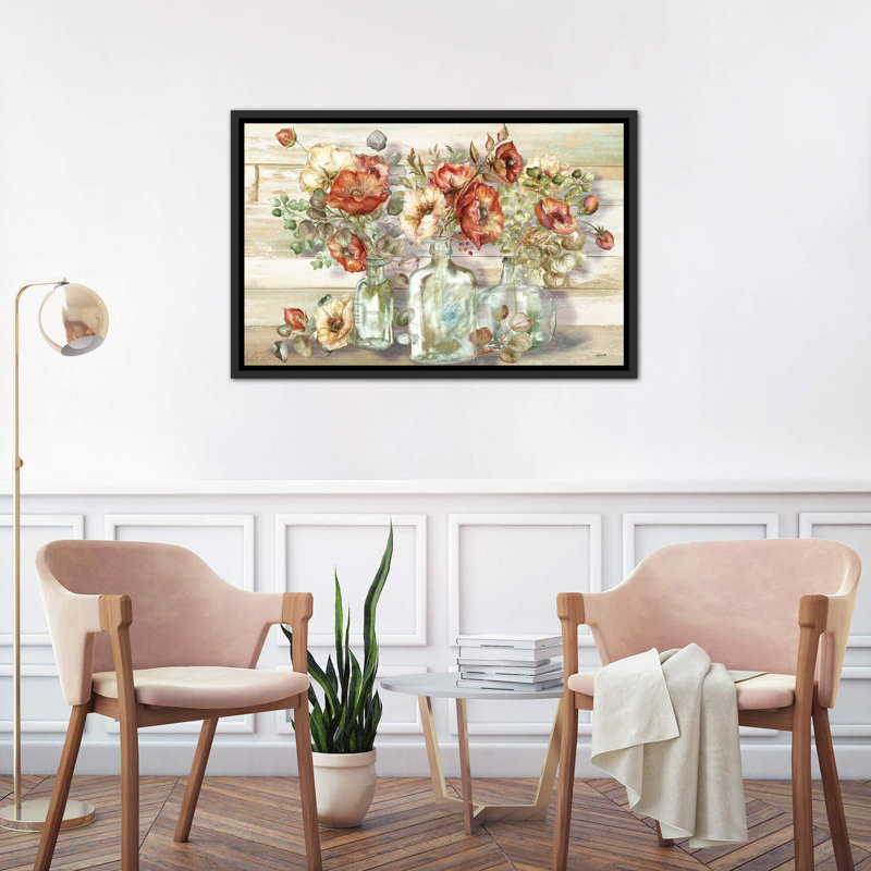 «Spice Poppies and Eucalyptus in Bottles Landscape» par Tre Sorelle Studios - reproduction d'art, Toile avec cadre noir