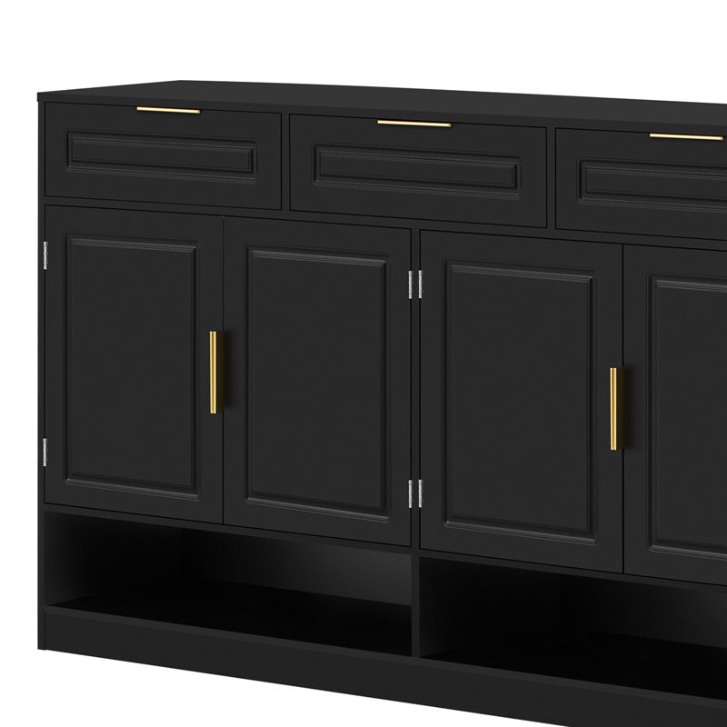 Farmhouse Sideboard With 3 Drawers & 4 Doors,59.1" Multi-Functional Storage Buffet With Adjustable Shelf And Open Storage Compartments,Black