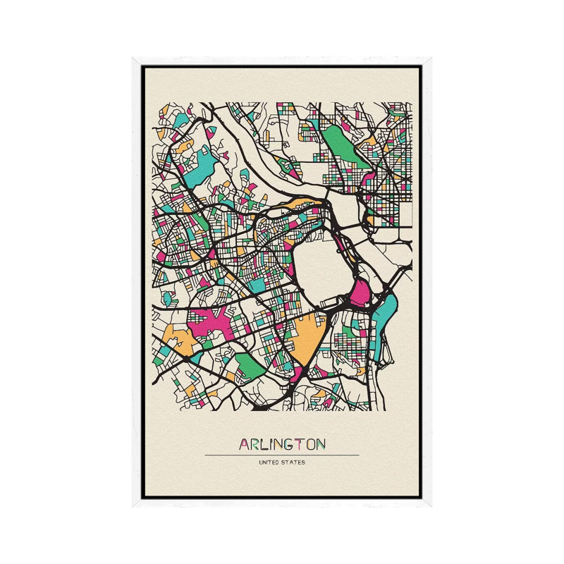 Arlington County, Virginia Map by Ayse Deniz Akerman - Print on Canvas, White Framed, 101.6cm H x 66.04cm W x 3.81cm D