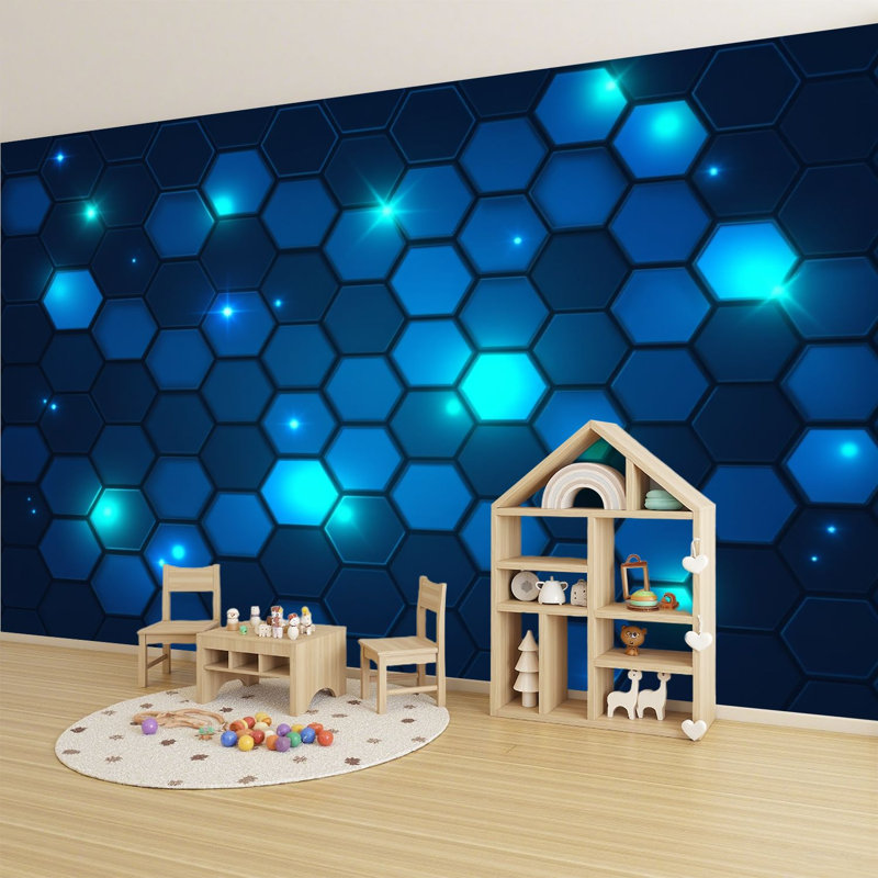 Papier peint adhésif peler et coller hexagonal bleu à motif géométrique brillant de style Tech H 100 po x l 144 po, papier peint amovible en PVC, adhésif pour chambre à coucher, bureau à domicile