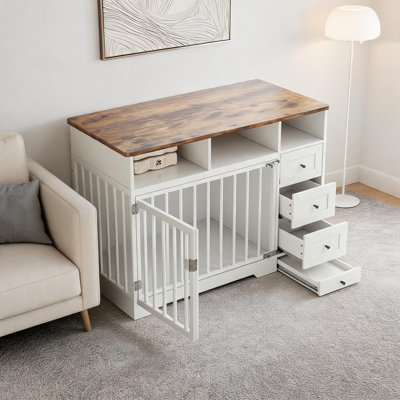 Meuble de niche pour chien de style campagnard avec bols et tiroirs de rangement - Table décorative d'intérieur de 122 cm (48 pouces) pour chiens moyens/grands, idéale pour le salon ou l'entrée - Blanc