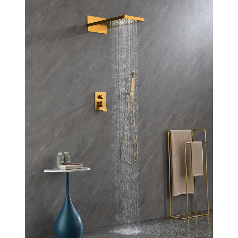 Gold Brass Shower Featuring High Rectangular Head And Handheld System With 2 3-Mode -