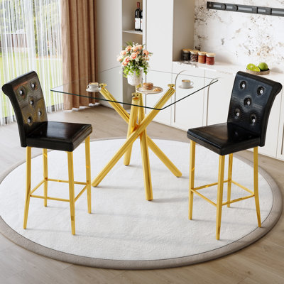 Table de pub ronde en verre trempé avec 2 tabourets de bar à hauteur fixe, hauteur de comptoir fixe et repose-pieds intégré, ensemble de bar de luxe en cuir PU blanc chromé pour bar à domicile
