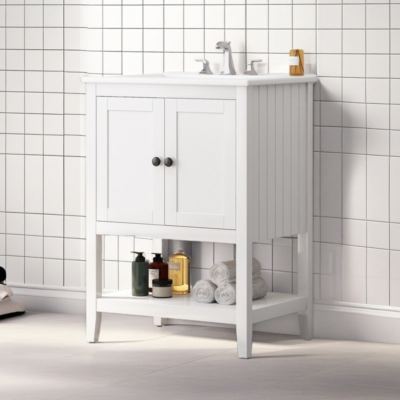 Lavabo de salle de bain moderne élégant en céramique blanche 24 po avec tablette ouverte en bois massif