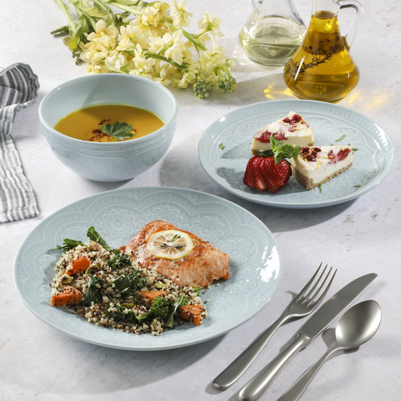 Aqua Floral Embossed Porcelain 18-Piece Dinnerware Set