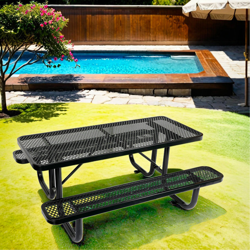 6 pi Table de pique-nique rectangulaire en acier pour l'extérieur, Noir / ne s'applique pas