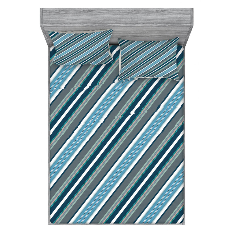 Microfiber Striped Sheet Set, Full Sheet Set + Fitted Sheet + 2 Pillowcases, Blue/Black/White Striped