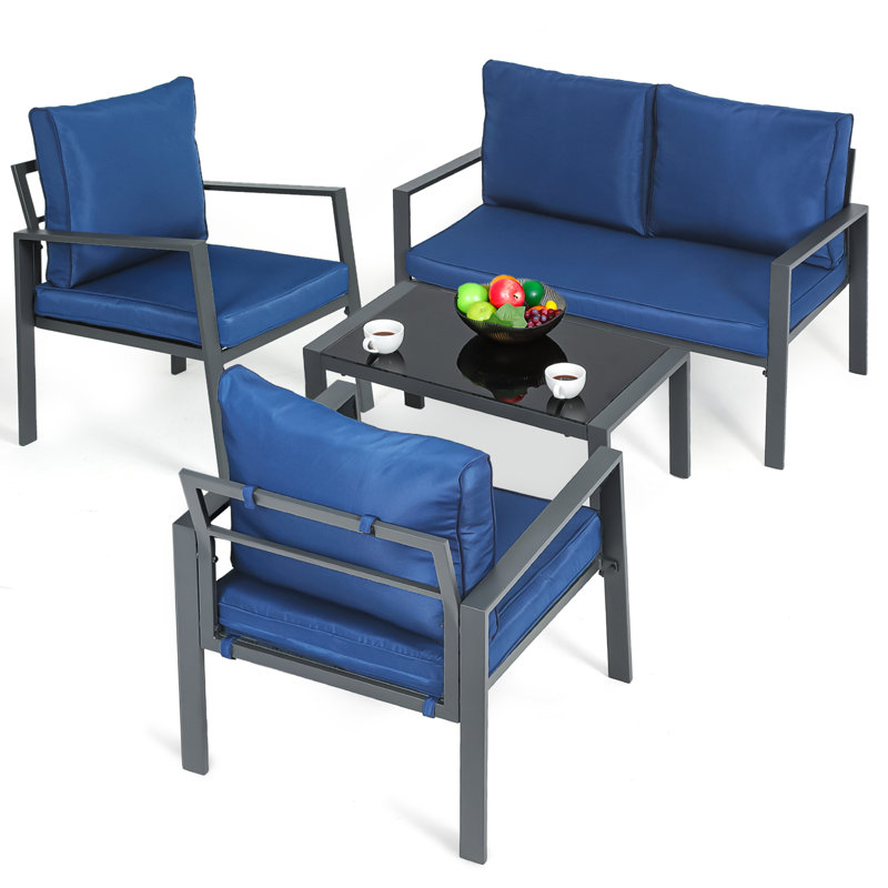 Steel Frame Patio Furniture Set with 2 Chairs 1 Loveseat & Tempered Glass Coffee Table - 4-Piece Outdoor Conversation Set with Teslin Cloth Cushions for Backyard Garden or Patio
