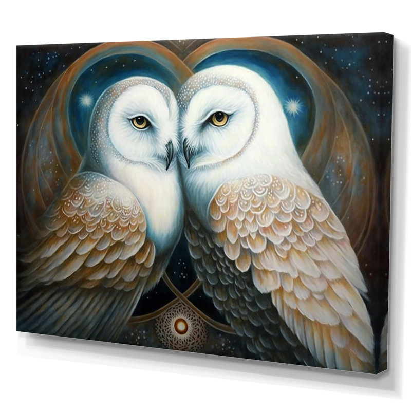 Hiboux blancs amoureux sur toile, 16" H x 32" W, Toile tendue