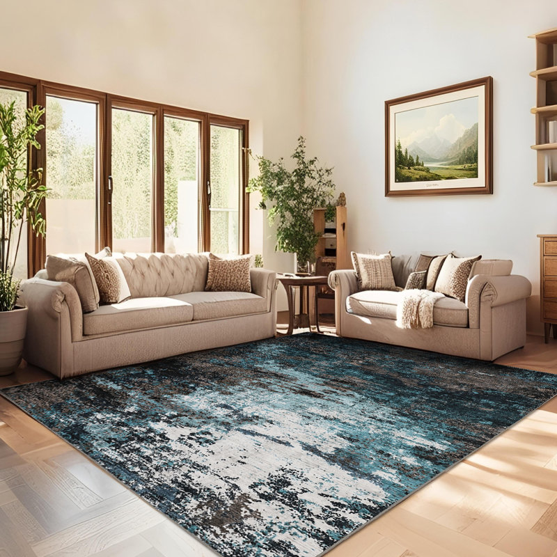 Modern Abstract Machine Washable Non-Slip Rug, Non-Shedding Contemporary Accent Rugs, Low Pile Indoor Carpet for Living Room, Bedroom