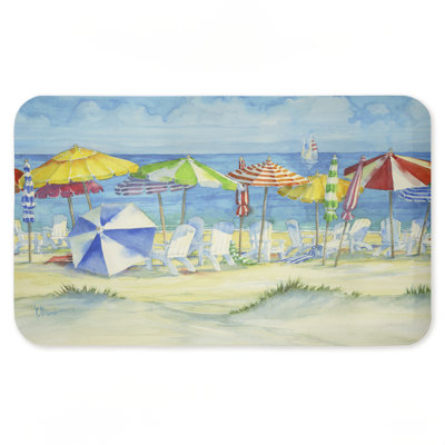 Watercolor Beach Umbrellas Ergonomic Non Slip Kitchen Mat Recycled Cushioned, 18"x30"