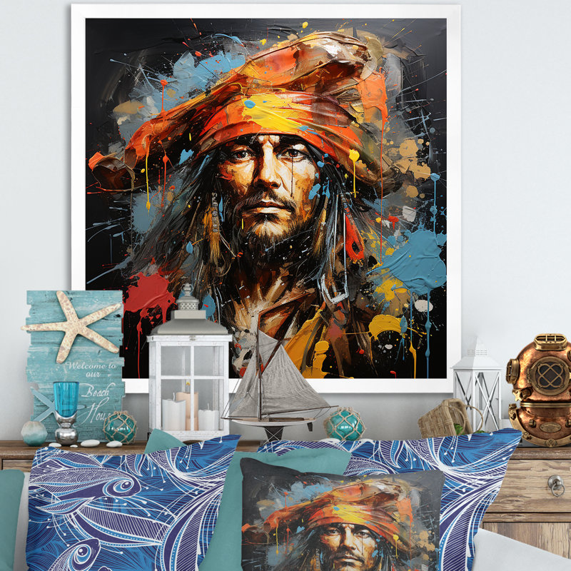 Popart pirate graphite Portrait - art mural pirate, Cadre photo blanc, H 16 po x l 16 po x P 1 po