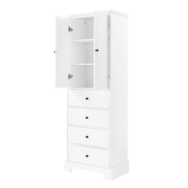 Practical Storage Cabinet with 2 Doors, 4 Drawers & Adjustable Shelf for Bathroom/Office, White