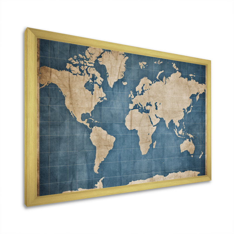 Ancienne carte du monde IV sur toile, Encadrement doré, H 12 po x l 20 po x P 1 po