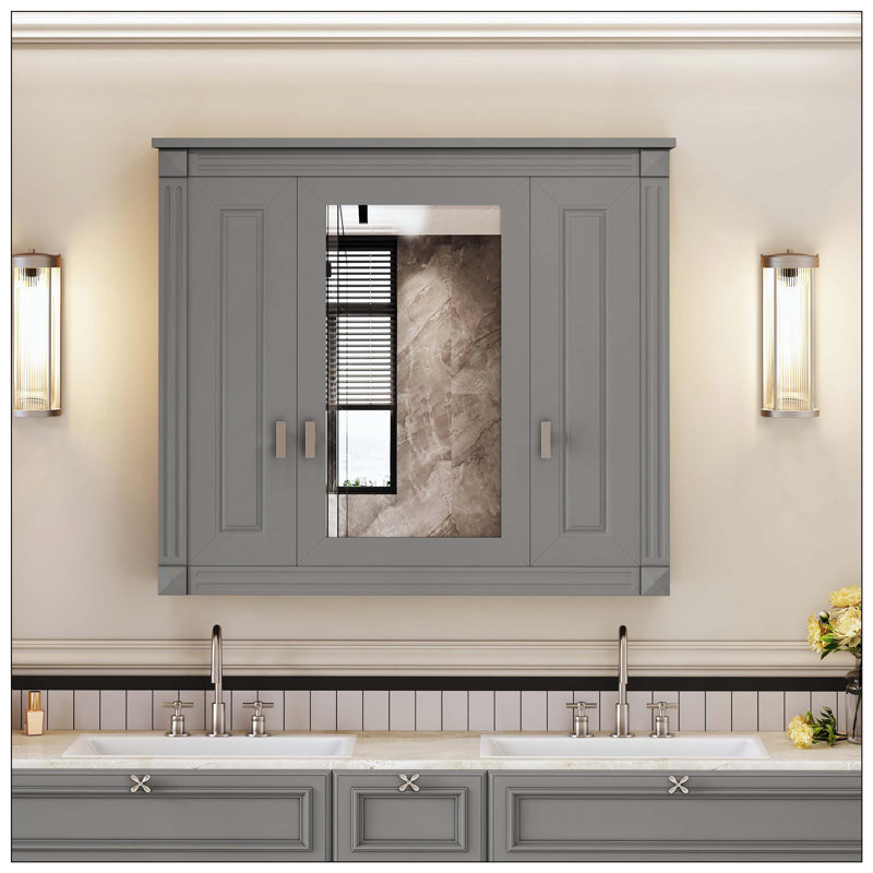 Armoire à pharmacie murale avec miroir et 4 tablettes, Gris