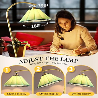 Lampe sur pied avec abat-jour en lin plissé, lampe sur pied à fleurs moderne pour le salon, lampe sur pied en arc, grande lampe dorée pour le bureau de la chambre à coucher, ampoule incluse (or et vert, 65 po)