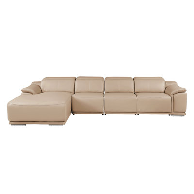 Canapé modulaire en L en cuir véritable 4 pièces beige avec 2 fauteuils inclinables électriques et appuis-tête réglables orientés vers la gauche