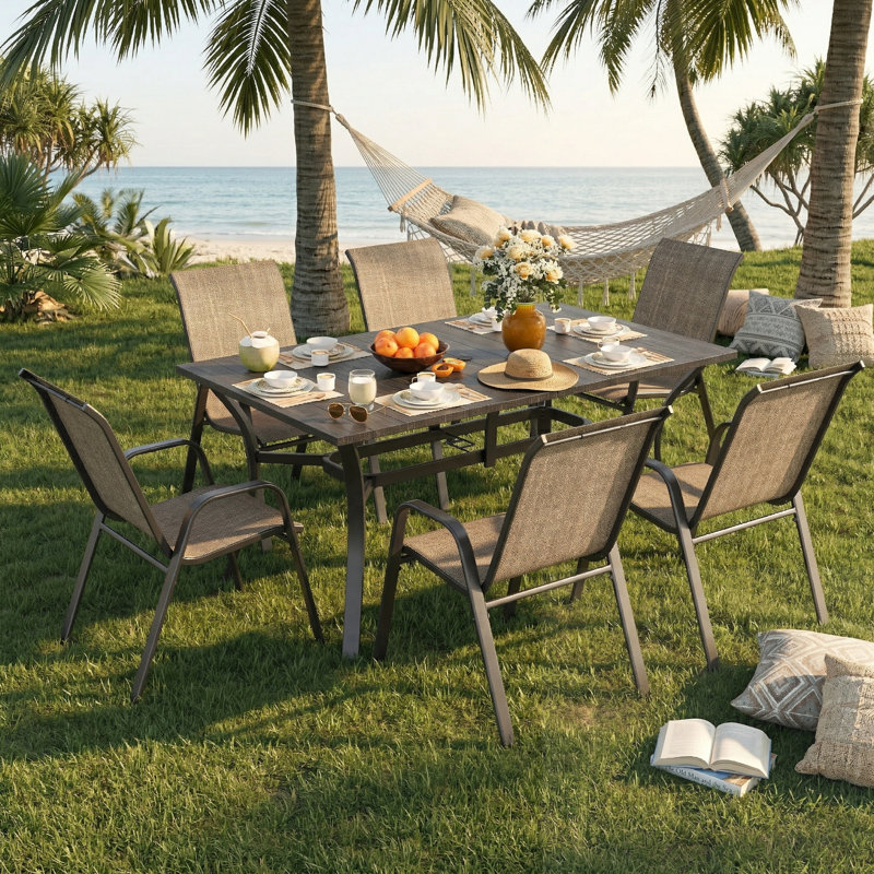 Ensemble de table de salle à manger 7 pièces avec trou pour parasol et 6 chaises pliantes, Noir / brun