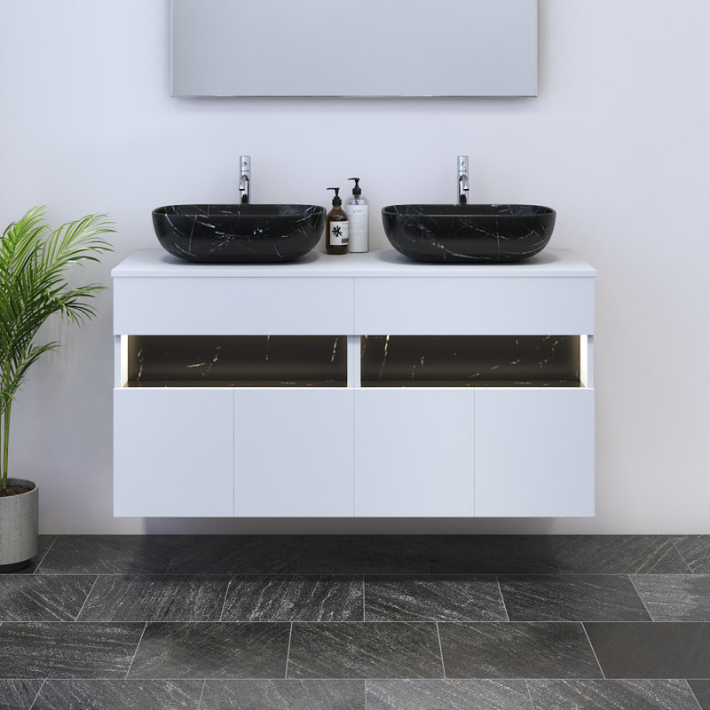 Meuble-lavabo double 47,2 po avec comptoir Lieke, Noir, Blanc