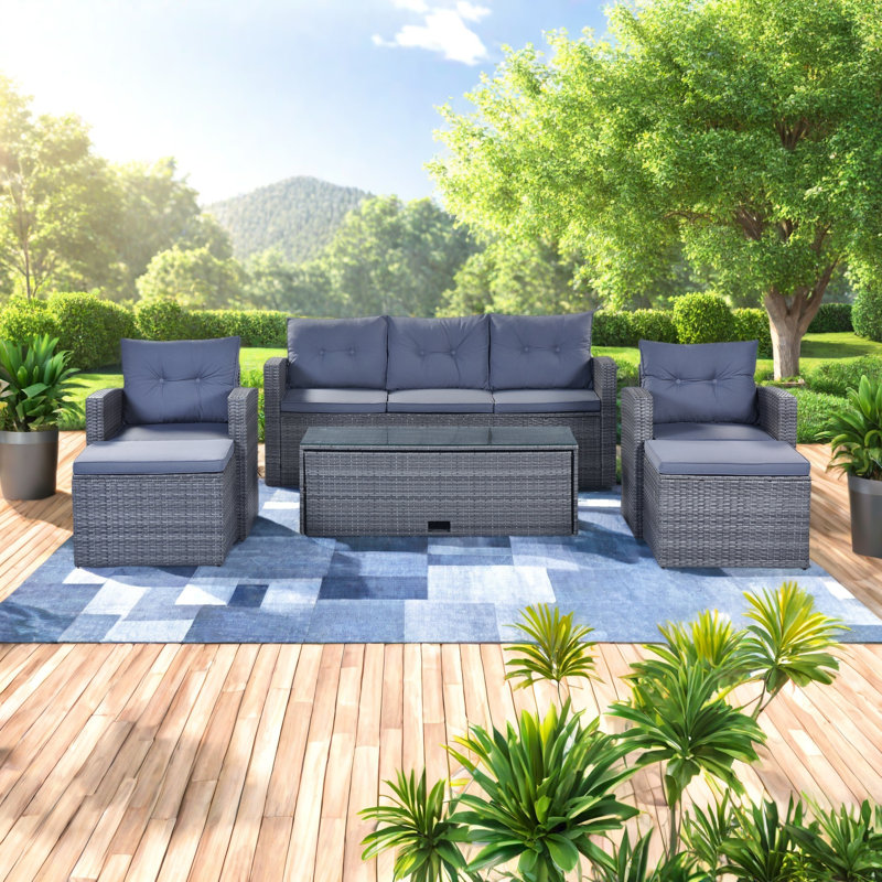 Ensemble de conversation modulaire en rotin pour l'extérieur 6 pièces avec table basse, canapés en osier, repose-pieds, coussins amovibles (osier gris foncé, coussin gris clair)