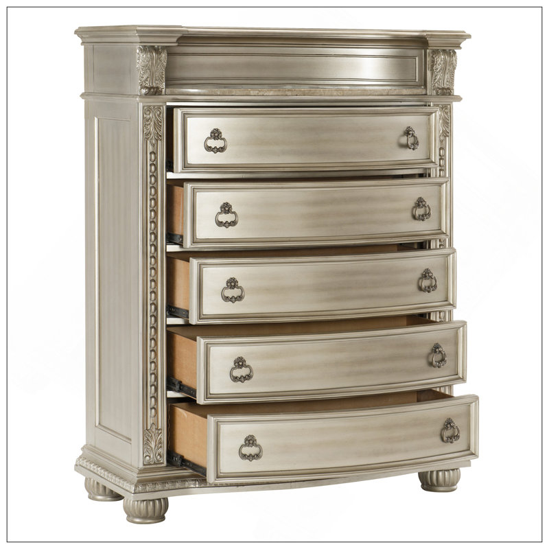 Meuble de rangement de luxe à finition argentée 1 pièce avec 5 tiroirs en marbre véritable de style européen