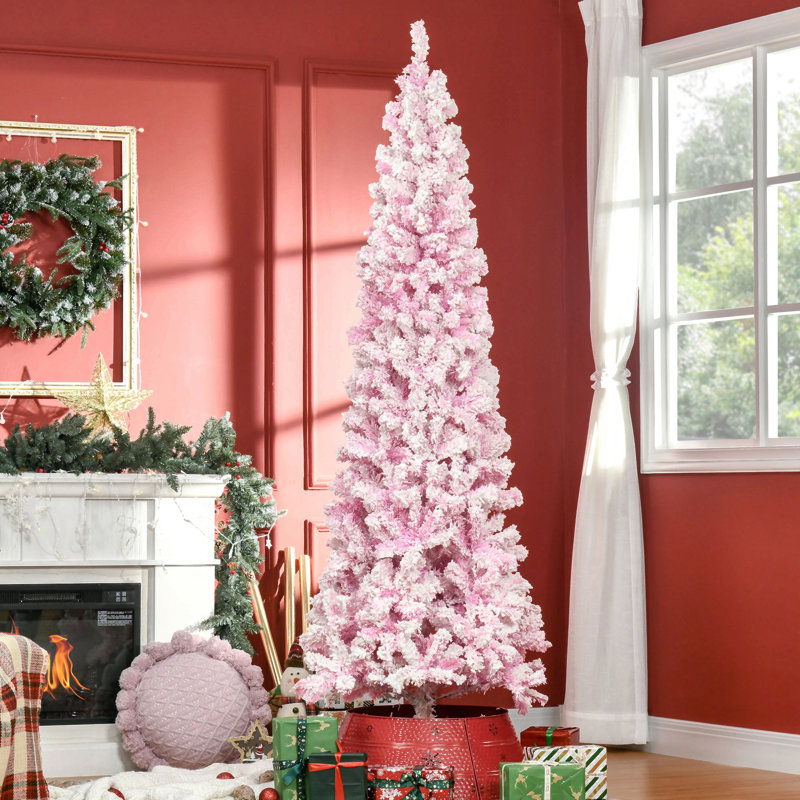 Arbre de Noël artificiel enneigé 7,5 pi de hauteur avec pin en forme de pin et branches réalistes, rose