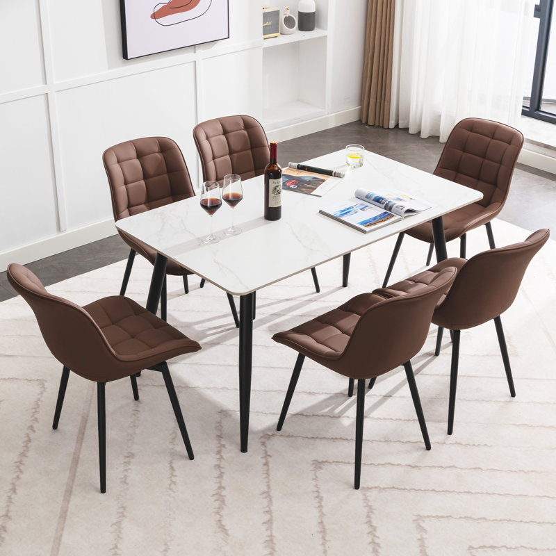 Marymar Leather Dining Chairs Set of 6 – Modern Upholstered Kitchen Side Chairs with Sturdy Metal Legs, Mid-Century Design for Dining Room, Restaurant & Office