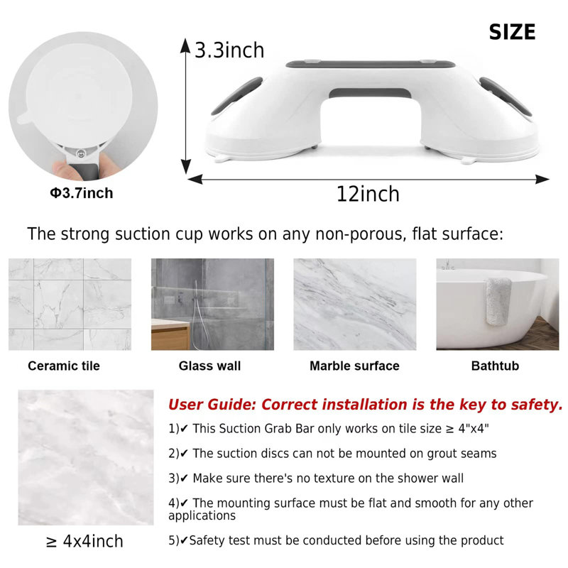 Howington Suction Grab Rails For Bathroom, Portable Suction Bathtub Handles With Indicator, Suction Safety Shower Grab Handles Mobility Aids For Elderly Disabled (2)