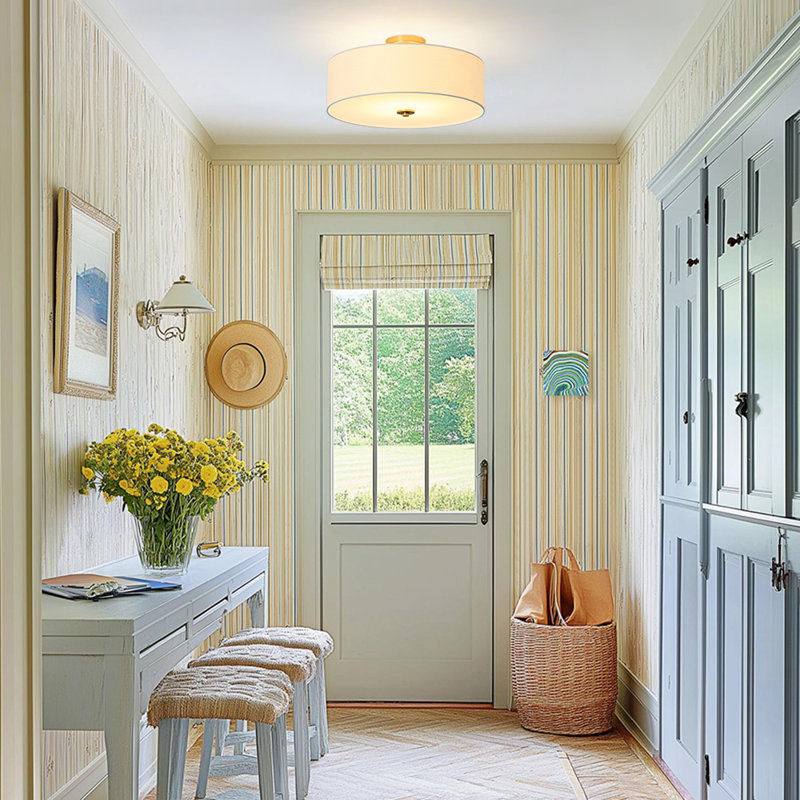 4 - Light Linen Round Fabric Drum Semi Flush Mount