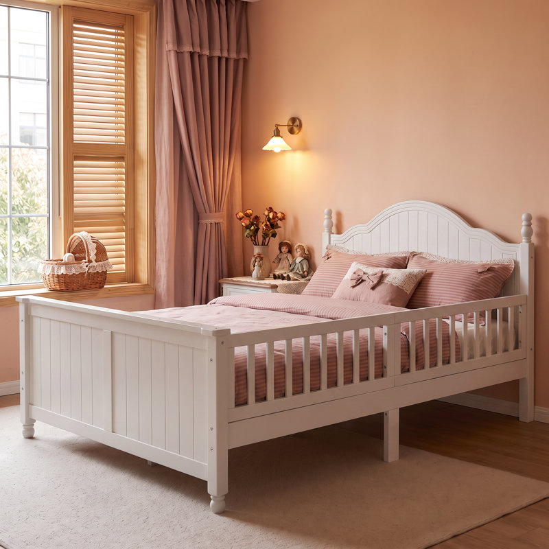 Lit plateforme double en bois pleine grandeur avec tête et pied de lit, barrières de sécurité convertibles, lit bas pour enfant avec rangement sous le lit, disponible en blanc