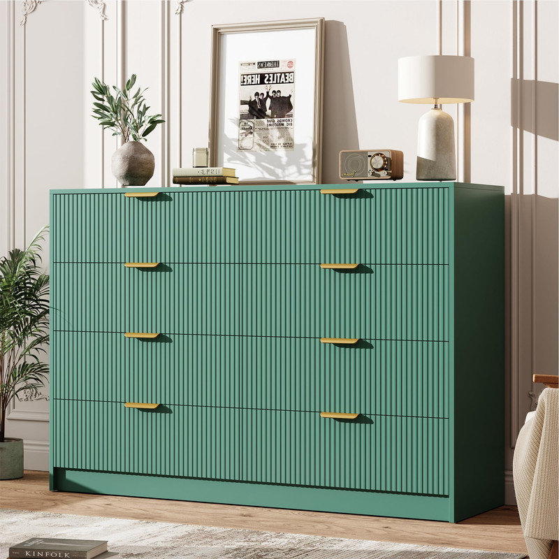 Commode cannelée à 8 tiroirs de 54 po de largeur avec poignées dorées - Chambre à coucher, salon, vestibule, Green