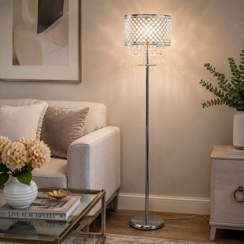  Lampe sur pied 59,25 po chrome Glam avec abat-jour tambour en cristal et interrupteur au pied. 