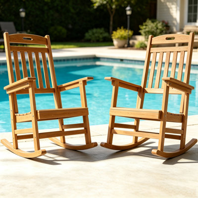 Ensemble de 2 chaises berçantes d'extérieur, chaise berçante de patio surdimensionnée et résistante aux intempéries, siège de véranda en poly haut dossier, capacité de poids de 350 lb pour la pelouse et le jardin, teck