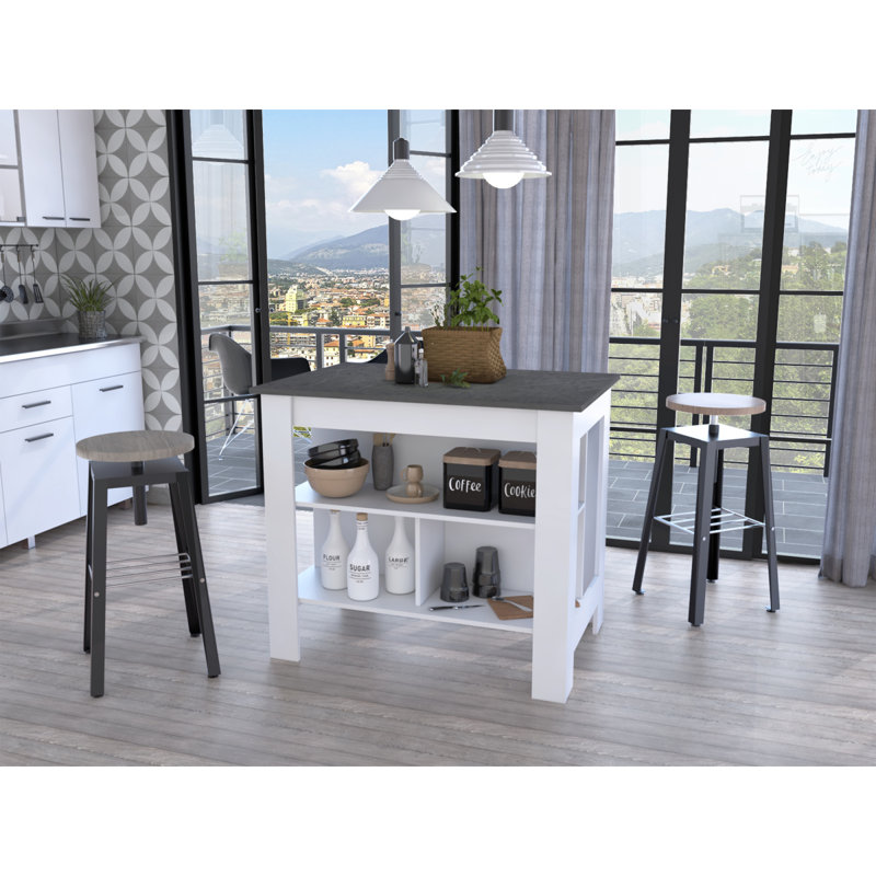 Îlot de cuisine à 3 tablettes Rockaway, Blanc / Gris