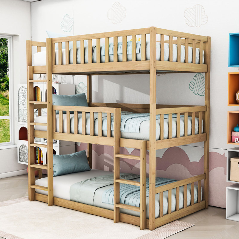 Lit superposé simple au dessus d'un lit simple avec échelles et garde-corps, Chêne blanc