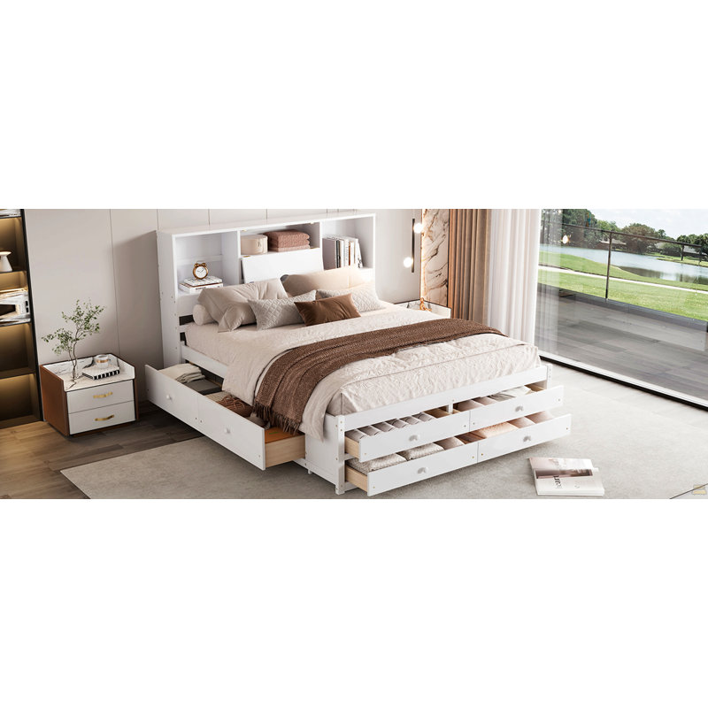 Grand lit plateforme avec tête de lit à rangement et 8 tiroirs, Blanc