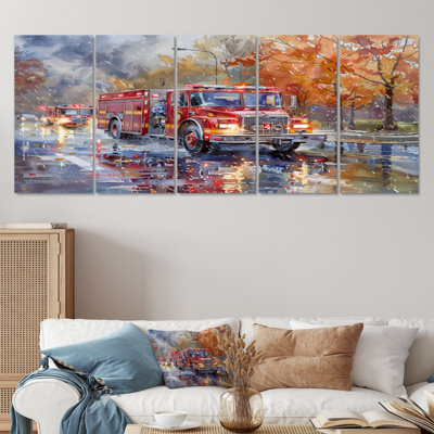 Red Fire Truck In Autumn New York II - Fireman Wall Art Print Set
